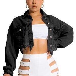 Women's Cropped Jean Jacket Button Up Long Sleeve Ripped Denim Jacket Black